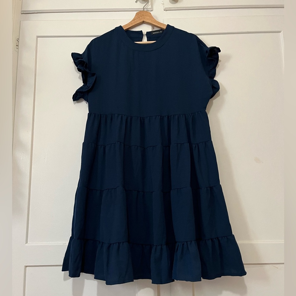 Navy Blue Tiered Babydoll Mini Dress Ruffle Sleeve Side Zipper size Medium
